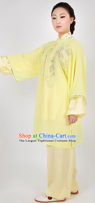 Chinese Traditional Martial Arts Embroidered Peony Yellow Costume Best Kung Fu Competition Tai Chi Training Clothing for Women
