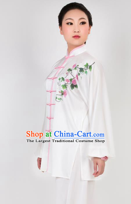 Chinese Traditional Martial Arts Printing Petunia White Costume Best Kung Fu Competition Tai Chi Training Clothing for Women