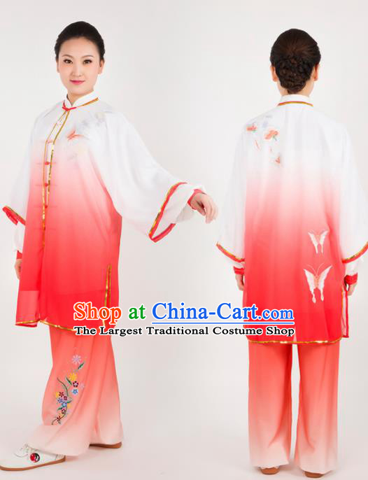 Chinese Traditional Martial Arts Embroidered Butterfly Red Costume Kung Fu Competition Tai Chi Training Clothing for Women