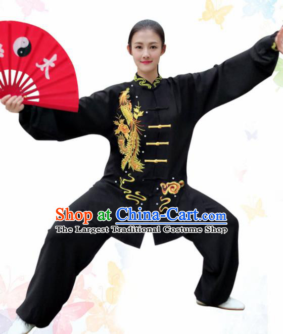 Professional Chinese Martial Arts Embroidered Phoenix Black Costume Traditional Kung Fu Competition Tai Chi Clothing for Women