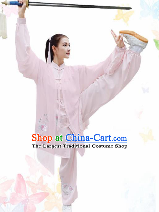 Professional Chinese Martial Arts Embroidered Magnolia Pink Costume Traditional Kung Fu Competition Tai Chi Clothing for Women