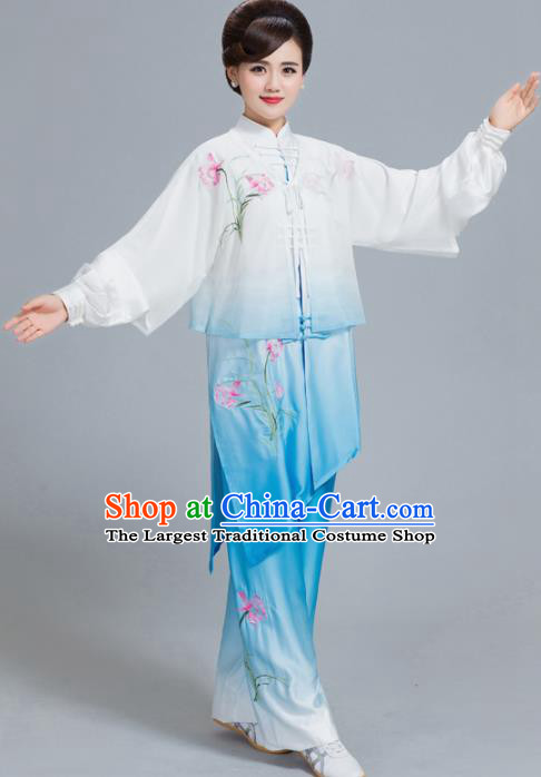 Professional Chinese Martial Arts Embroidered Lily Flower Blue Costume Traditional Kung Fu Competition Tai Chi Clothing for Women