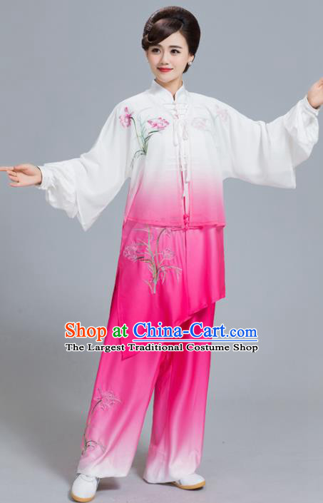 Professional Chinese Martial Arts Embroidered Lily Flower Rosy Costume Traditional Kung Fu Competition Tai Chi Clothing for Women