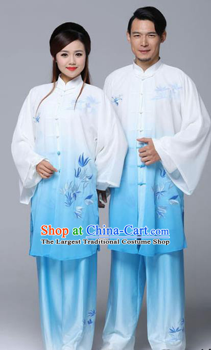 Professional Chinese Martial Arts Embroidered Bamboo Gradient Blue Costume Traditional Kung Fu Competition Tai Chi Clothing for Women