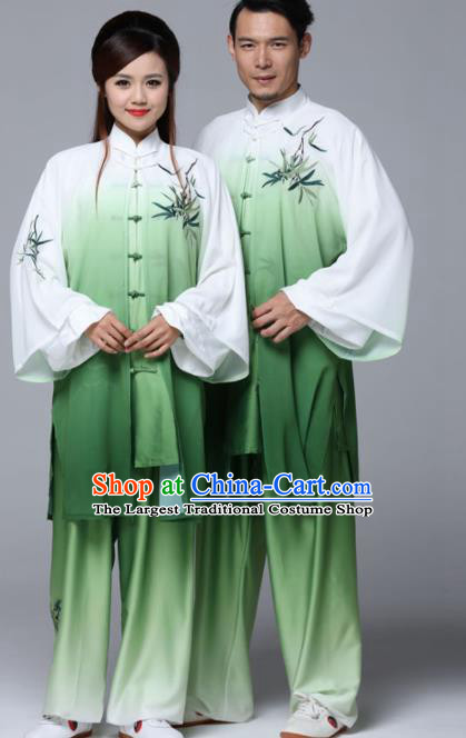 Gradient Green Professional Chinese Martial Arts Embroidered Bamboo Costume Traditional Kung Fu Competition Tai Chi Clothing for Women