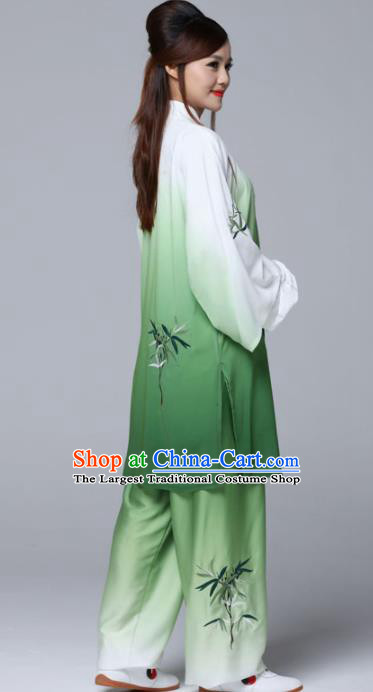 Gradient Green Professional Chinese Martial Arts Embroidered Bamboo Costume Traditional Kung Fu Competition Tai Chi Clothing for Women