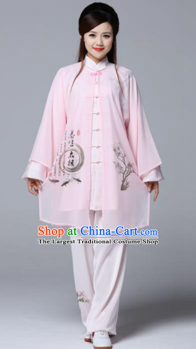Professional Chinese Martial Arts Ink Painting Pink Costume Traditional Kung Fu Competition Tai Chi Clothing for Women