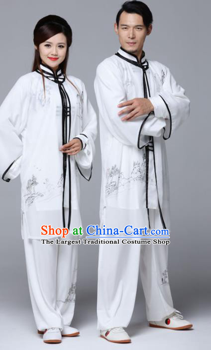 Traditional Chinese Martial Arts Competition Ink Painting White Uniforms Kung Fu Tai Chi Training Costume for Adults
