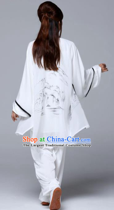 Traditional Chinese Martial Arts Competition Ink Painting White Uniforms Kung Fu Tai Chi Training Costume for Adults