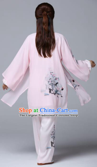 Professional Chinese Martial Arts Ink Painting Crane Pink Costume Traditional Kung Fu Competition Tai Chi Clothing for Women