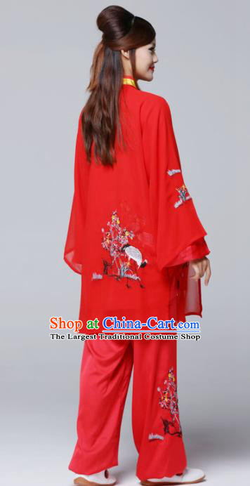Professional Chinese Martial Arts Ink Painting Crane Red Costume Traditional Kung Fu Competition Tai Chi Clothing for Women