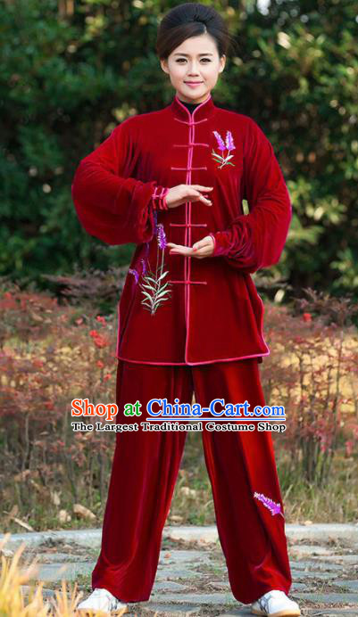 Professional Martial Arts Competition Embroidered Lavender Red Costume Chinese Traditional Kung Fu Tai Chi Clothing for Women