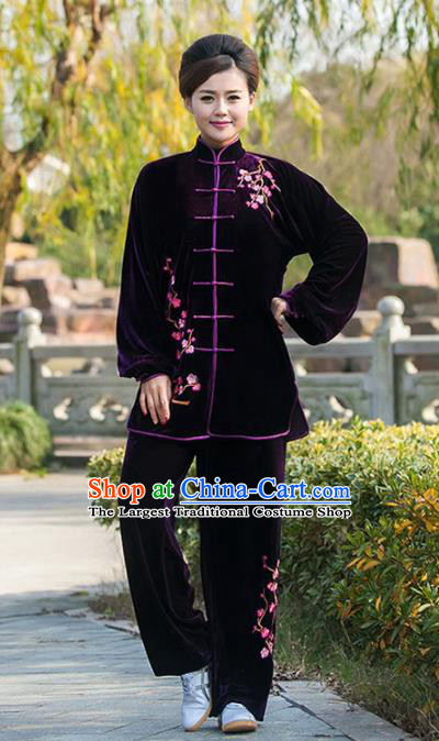 Professional Martial Arts Competition Embroidered Plum Purple Velvet Costume Chinese Traditional Kung Fu Tai Chi Clothing for Women