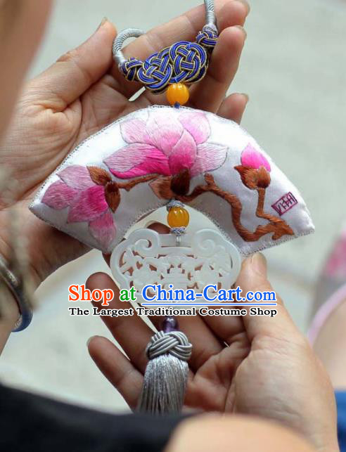 Chinese Traditional Embroidered Magnolia Jade Pendant Handmade Hanfu Waist Accessories for Women