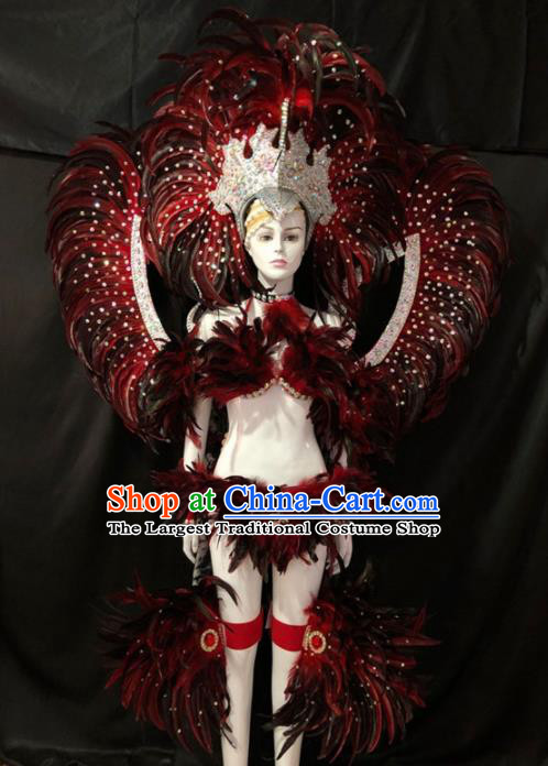 Customized Halloween Samba Dance Red Feather Costume Brazil Parade Wings Backboard and Headpiece for Women