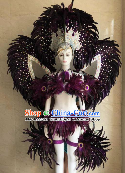 Customized Halloween Samba Dance Purple Feather Costume Brazil Parade Wings Backboard and Headpiece for Women
