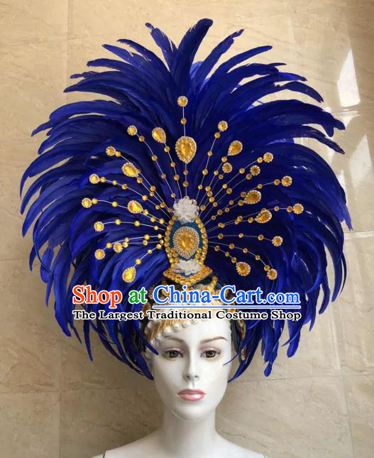 Customized Halloween Cosplay Royalblue Feather Hair Accessories Brazil Parade Samba Dance Giant Headpiece for Women