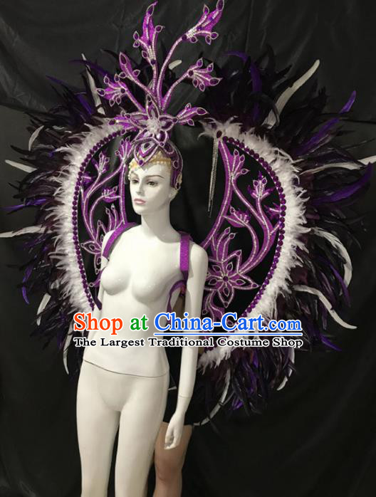 Customized Halloween Samba Dance Purple Feather Props Brazil Parade Wings Backboard and Headpiece for Women