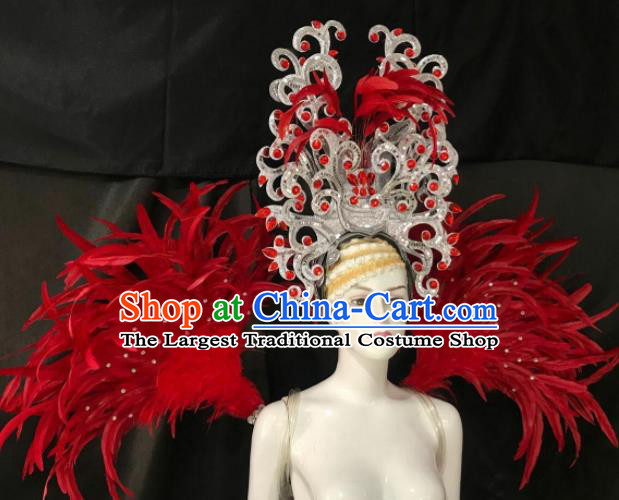 Customized Halloween Samba Dance Red Feather Props Brazil Parade Wings Backboard and Headpiece for Women