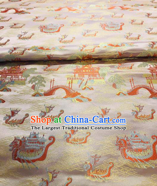 Asian Chinese Traditional Dragon Boat Pattern Design Champagne Brocade Fabric Cheongsam Silk Material