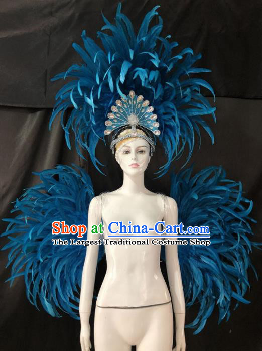 Customized Halloween Samba Dance Blue Feather Props Brazil Parade Backboard and Giant Headpiece for Women