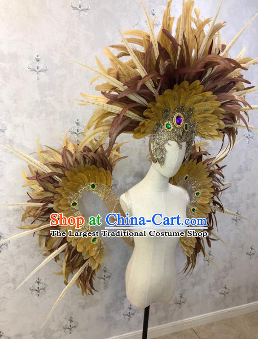Customized Halloween Samba Dance Prop Brazil Parade Yellow Feather Wings Backboard and Headpiece for Women