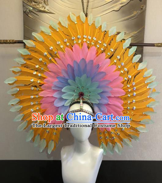 Customized Halloween Carnival Yellow Feather Hair Accessories Brazil Parade Samba Dance Giant Headpiece for Women