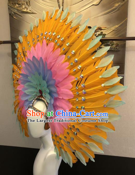 Customized Halloween Carnival Yellow Feather Hair Accessories Brazil Parade Samba Dance Giant Headpiece for Women