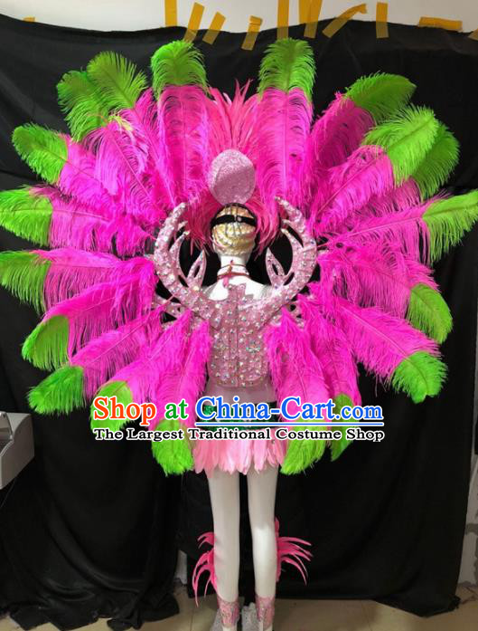 Customized Halloween Samba Dance Costumes Brazil Parade Rosy Feather Wings Backboard and Headpiece for Women