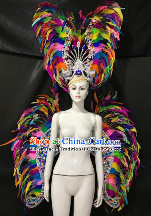 Customized Halloween Samba Dance Prop Brazil Parade Colorful Feather Wings Backboard and Headpiece for Women