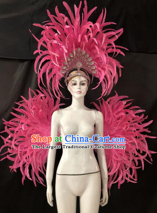 Customized Halloween Samba Dance Pink Feather Props Brazil Parade Backboard and Giant Headpiece for Women