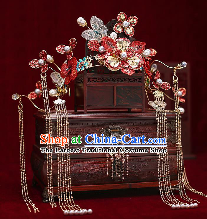 Top Chinese Traditional Red Flowers Phoenix Coronet Wedding Bride Handmade Hairpins Hair Accessories Complete Set