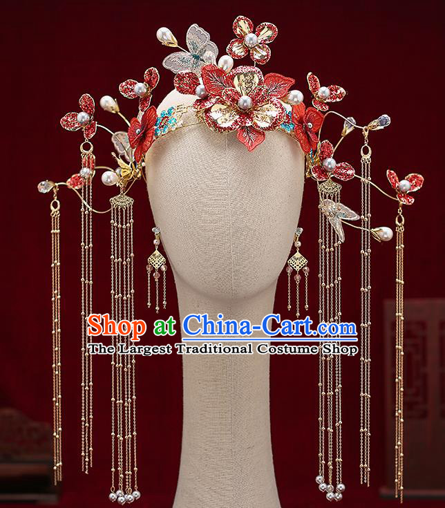 Top Chinese Traditional Red Flowers Phoenix Coronet Wedding Bride Handmade Hairpins Hair Accessories Complete Set