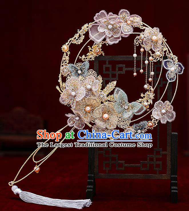 Chinese Traditional Wedding Prop Lace Flowers Palace Fans Ancient Bride Round Fan for Women