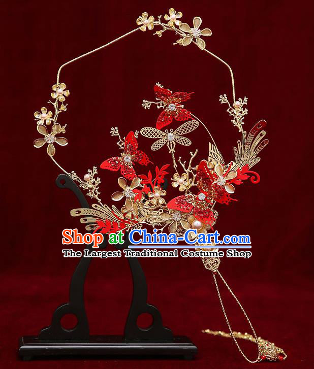 Chinese Traditional Wedding Red Butterfly Fan Ancient Bride Palace Fans for Women