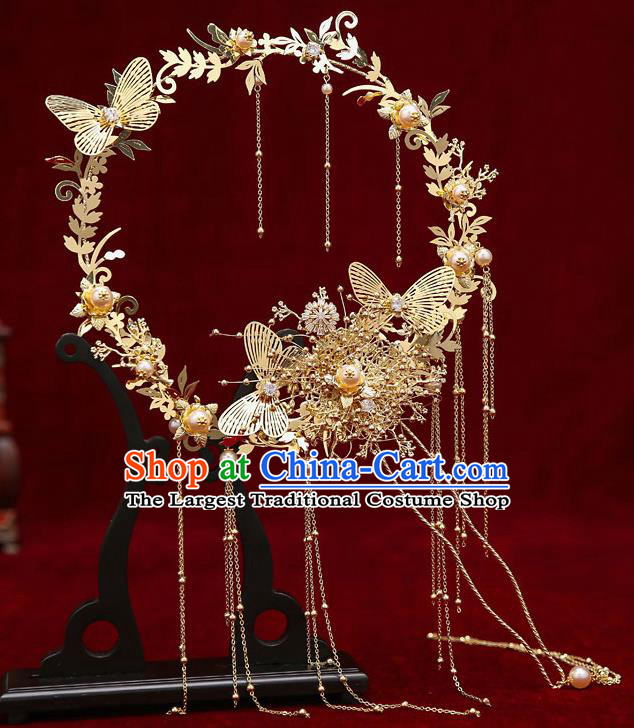 Chinese Traditional Wedding Golden Butterfly Fan Ancient Bride Palace Fans for Women