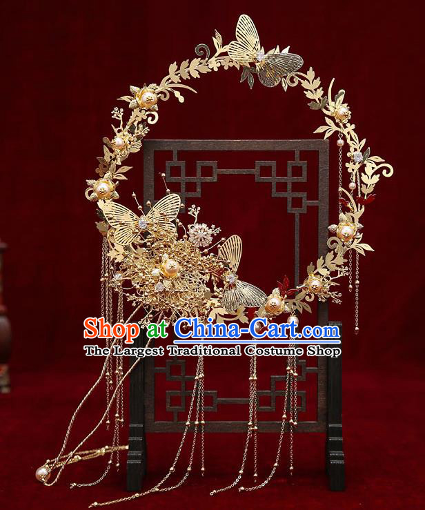 Chinese Traditional Wedding Golden Butterfly Fan Ancient Bride Palace Fans for Women