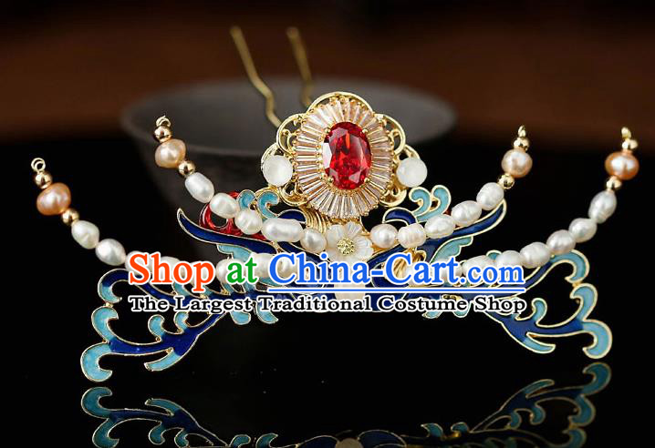 Top Chinese Traditional Red Crystal Pearls Hair Clip Handmade Hanfu Hairpins Hair Accessories for Women