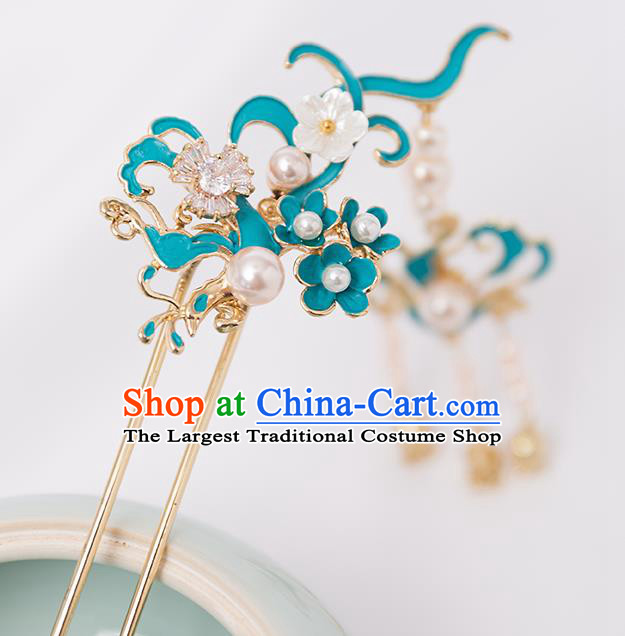 Top Chinese Traditional Blue Hair Clip Handmade Hanfu Tassel Hairpins Hair Accessories for Women