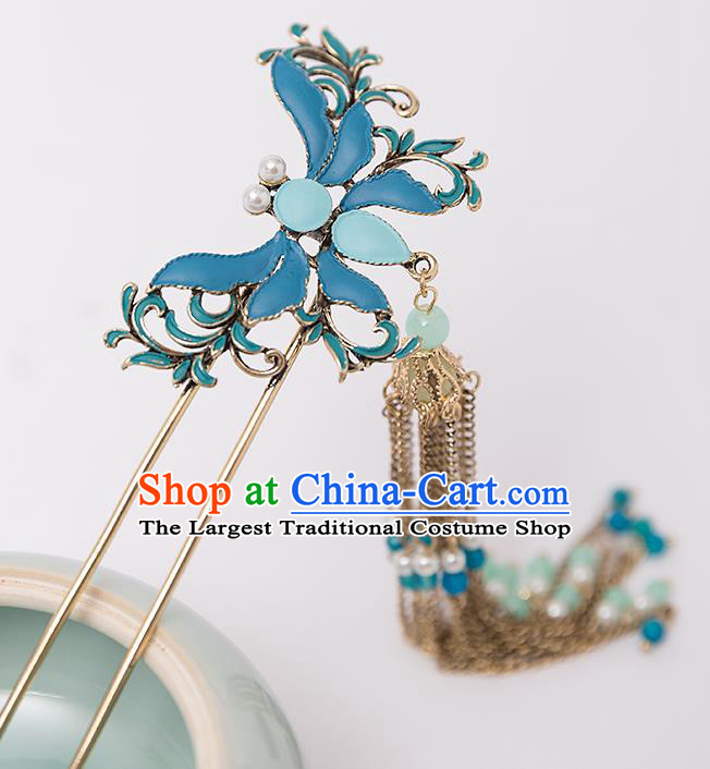 Top Chinese Traditional Blue Butterfly Hair Clip Handmade Hanfu Tassel Hairpins Hair Accessories for Women