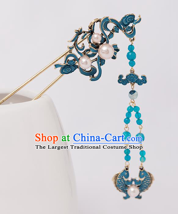 Top Chinese Traditional Blue Fishes Hair Clip Handmade Hanfu Tassel Hairpins Hair Accessories for Women