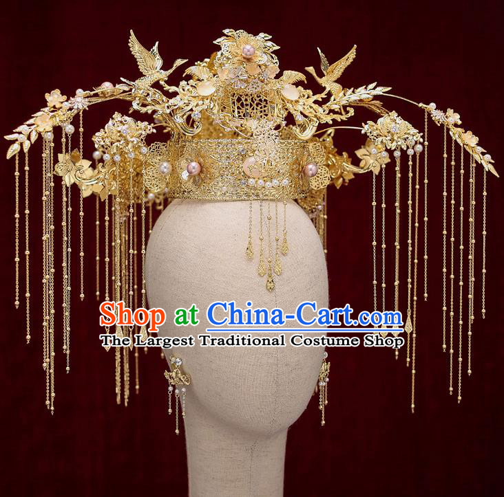Top Chinese Traditional Bride Golden Crane Tassel Phoenix Coronet Handmade Wedding Tassel Hairpins Hair Accessories Complete Set