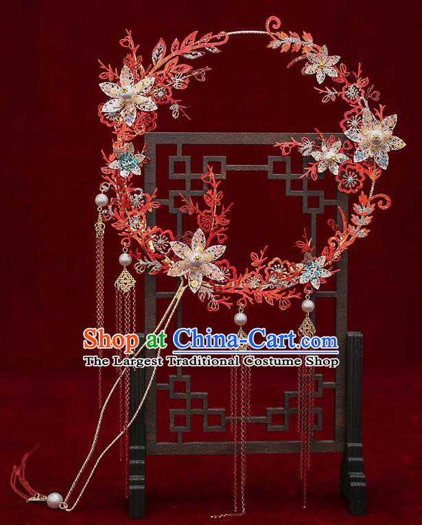 Chinese Traditional Wedding Red Branch Round Fan Ancient Bride Palace Fans for Women