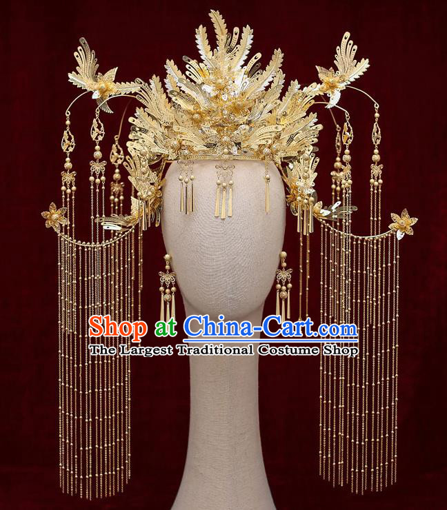 Top Chinese Traditional Court Bride Golden Tassel Phoenix Coronet Handmade Wedding Tassel Hairpins Hair Accessories Complete Set