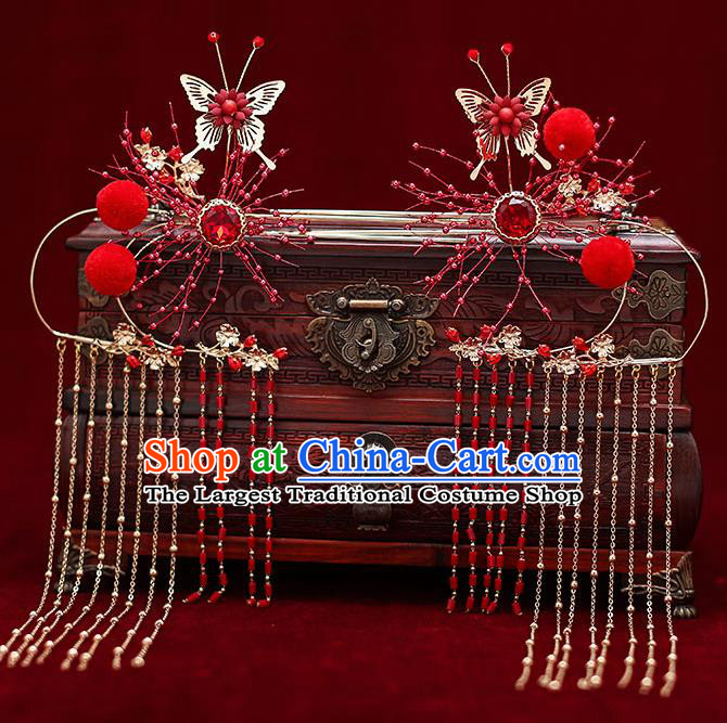 Top Chinese Traditional Bride Red Crystal Hair Comb Handmade Wedding Tassel Hairpins Hair Accessories Complete Set