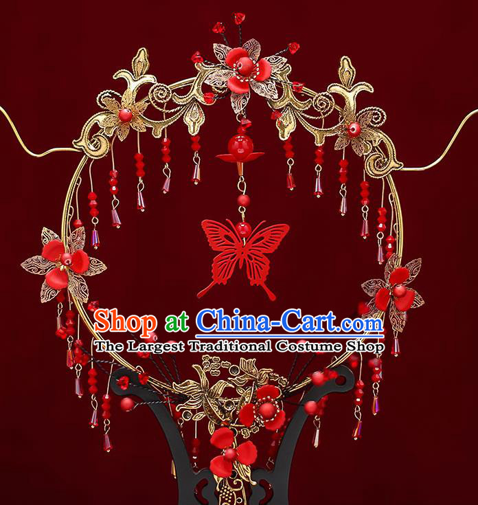 Chinese Traditional Wedding Red Butterfly Tassel Round Fan Ancient Bride Palace Fans for Women