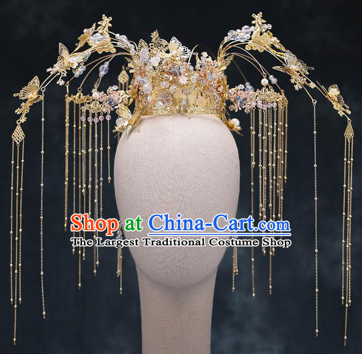 Top Chinese Traditional Bride Golden Butterfly Tassel Phoenix Coronet Handmade Wedding Tassel Hairpins Hair Accessories Complete Set