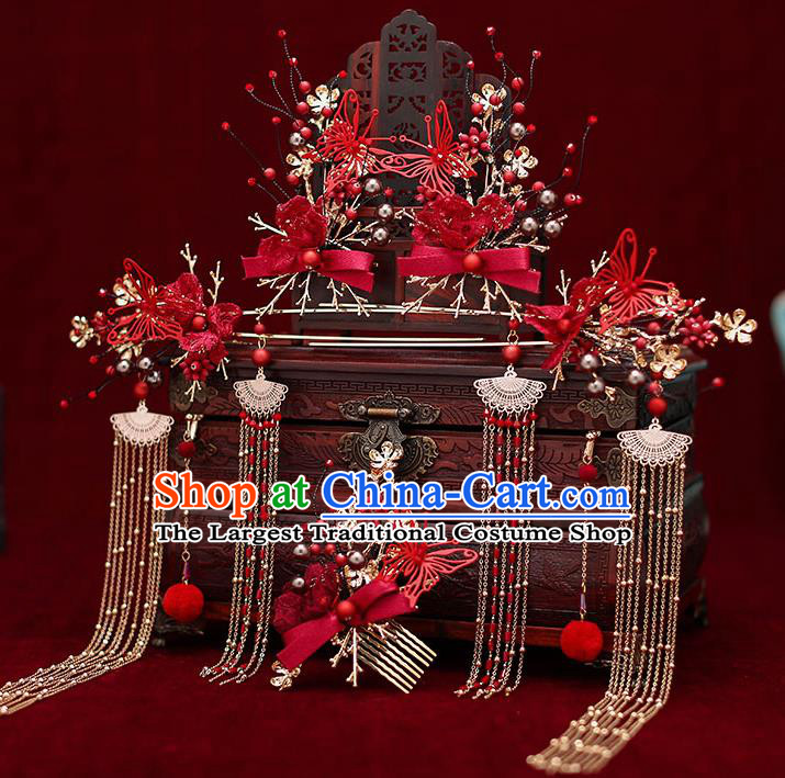 Top Chinese Traditional Bride Red Bowknot Hair Comb Handmade Hairpins Wedding Hair Accessories Complete Set