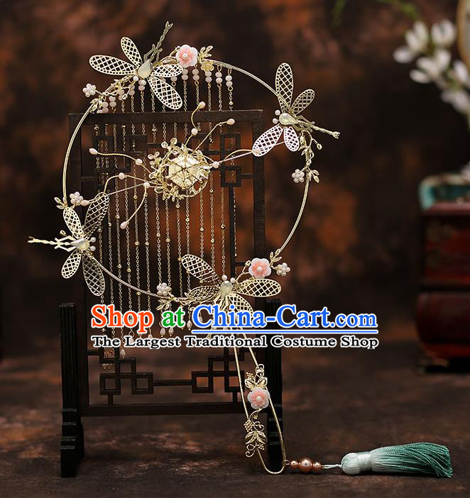Chinese Traditional Wedding Prop Golden Dragonfly Tassel Fan Ancient Bride Palace Fans for Women