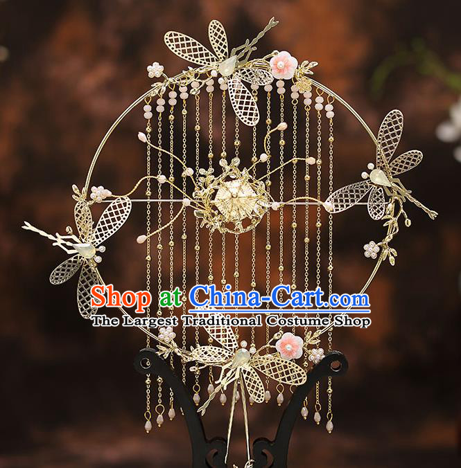 Chinese Traditional Wedding Prop Golden Dragonfly Tassel Fan Ancient Bride Palace Fans for Women